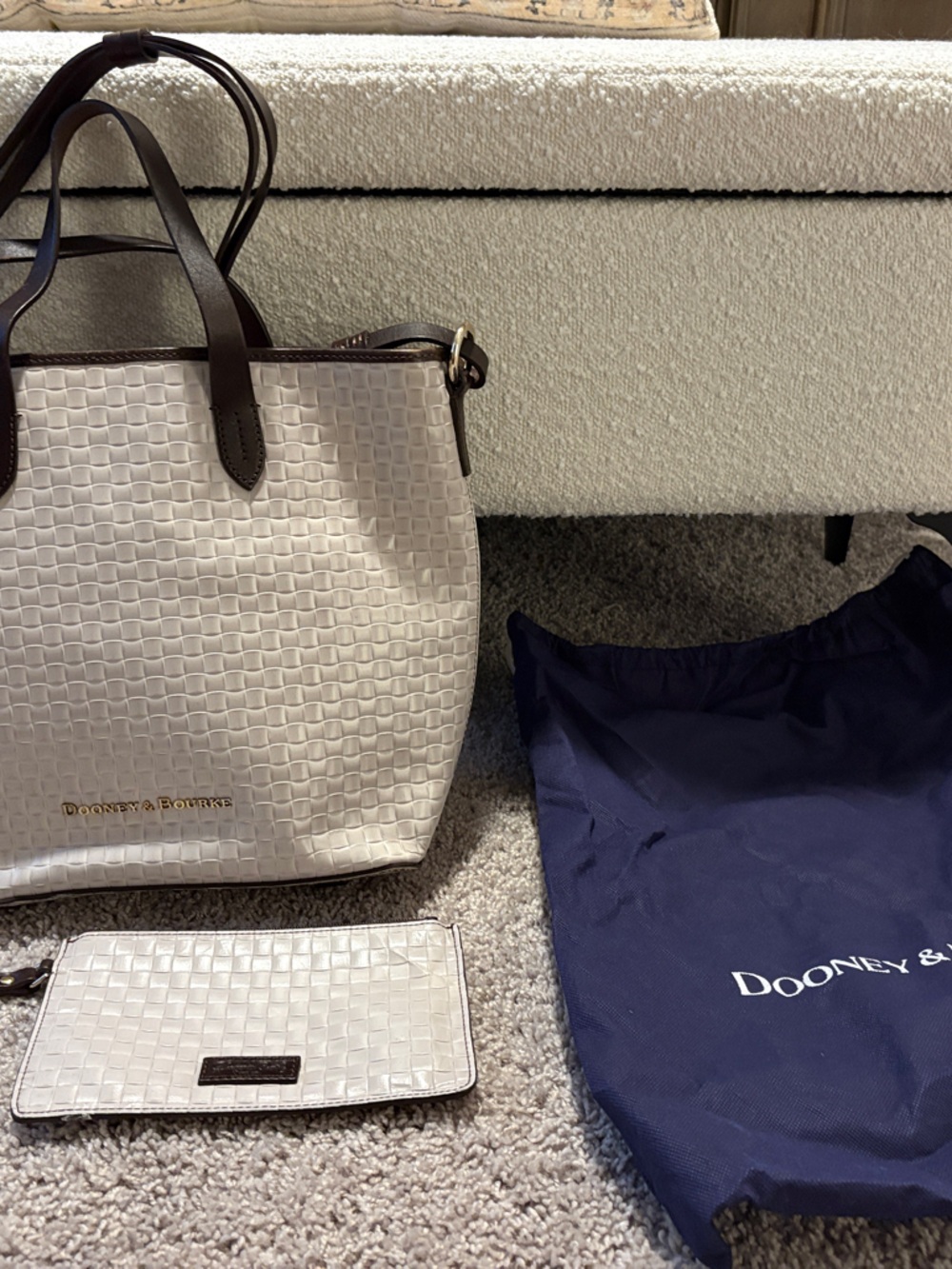Dooney & Bourke Cream Tote with Chocolate Brown Trim and Pouch
